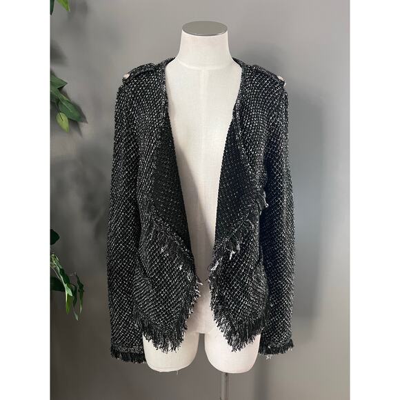 White House Black Market Black Knit Tweed Raw Hem Open Jacket Size Medium - Picture 3 of 10